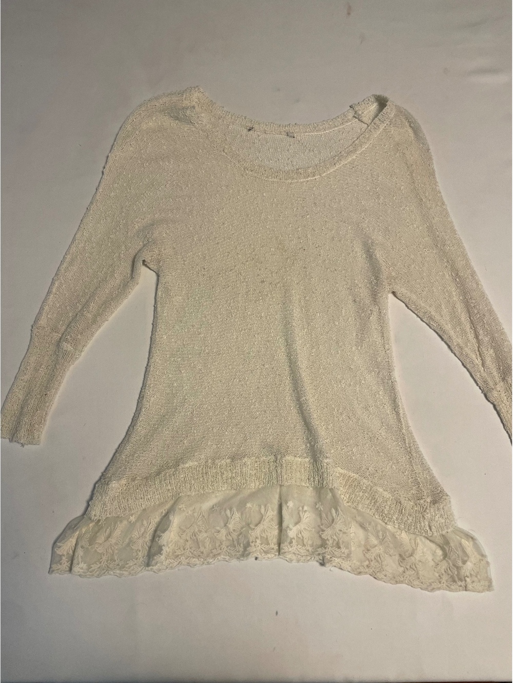 Cream Lightweight Knit Sweater with Lace Hem
